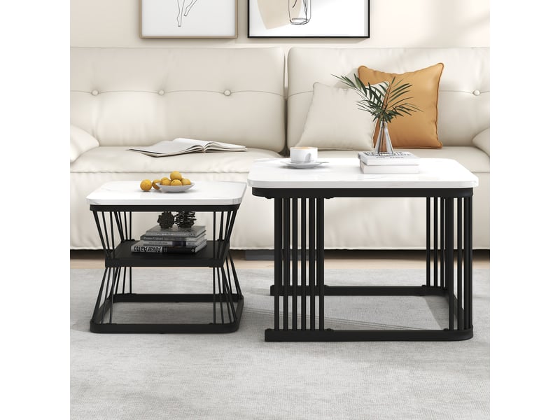  Lot de 2 tables basses gigognes effet marbre blanc pieds en acier noir  - Conforama D