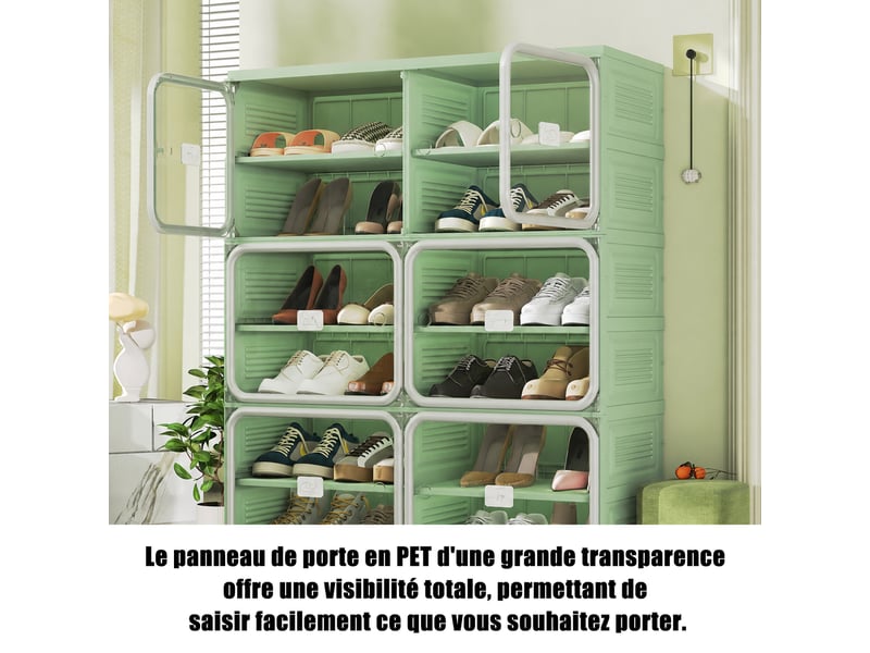 Meuble à chaussures pliable,85×34×104 cm,6 niveaux, 24 paires,porte transparente en pet,matériau pp,style moderne,vert  - Conforama D