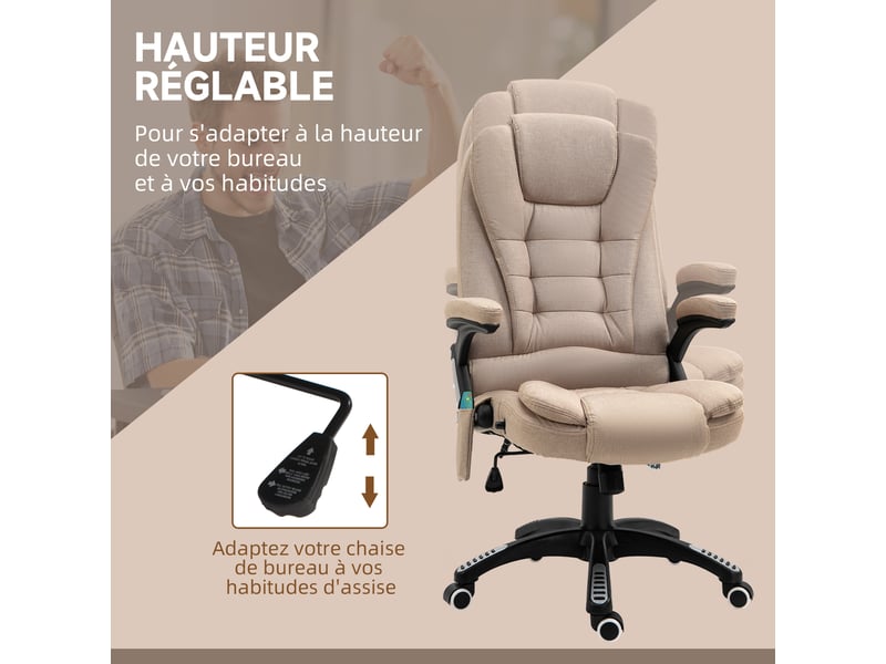  Fauteuil de bureau massant chauffant beige, dossier inclinable jusqu'à 130° et hauteur réglable  - Conforama R