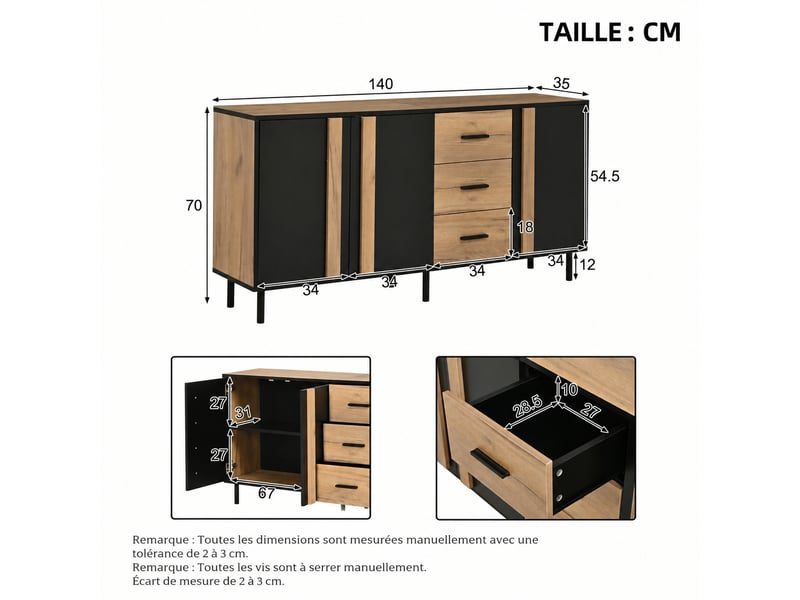  Buffet 3 portes 3 tiroirs en mdf, 140 x 35 x 70 cm, 6 pieds métal, noir et effet bois  - Conforama D