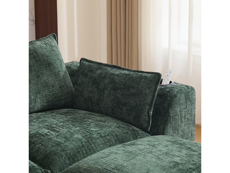 Canapé modulable 4 places en chenille vert foncé avec 2 poufs et porte-gobelets intégrés - Conforama W