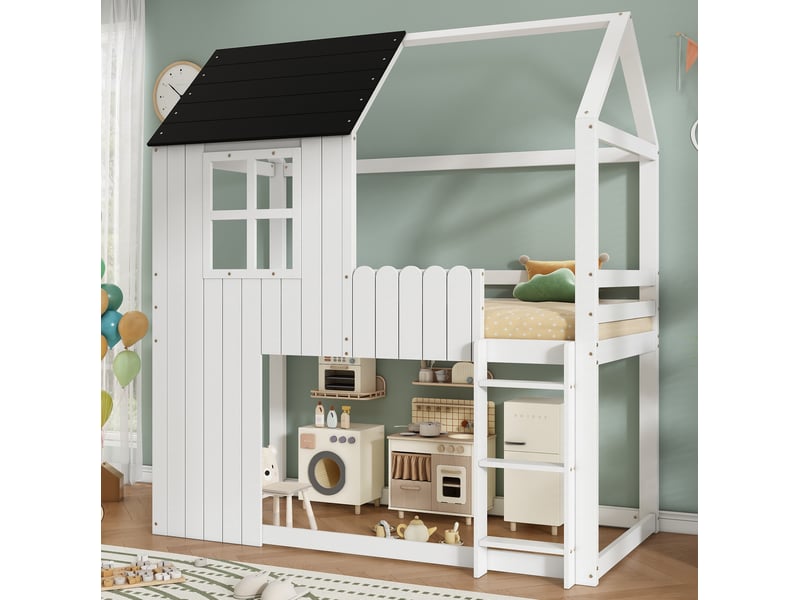  Lit mezzanine enfant cabane avec fenêtres, escalier 3 marches, blanc et noir, 90 x 200 cm  - Conforama C