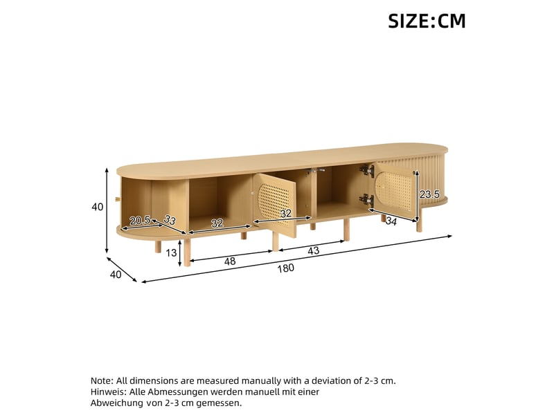  Meuble tv 180x40x40 cm 2 portes et 2 portes coulissantes mdf bois clair  - Conforama C