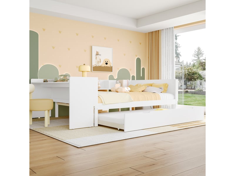  Lit en bois 140x200cm blanc avec bureau, lit gigogne caché, trois étagères, bois de pin, sans matelas  - Conforama D