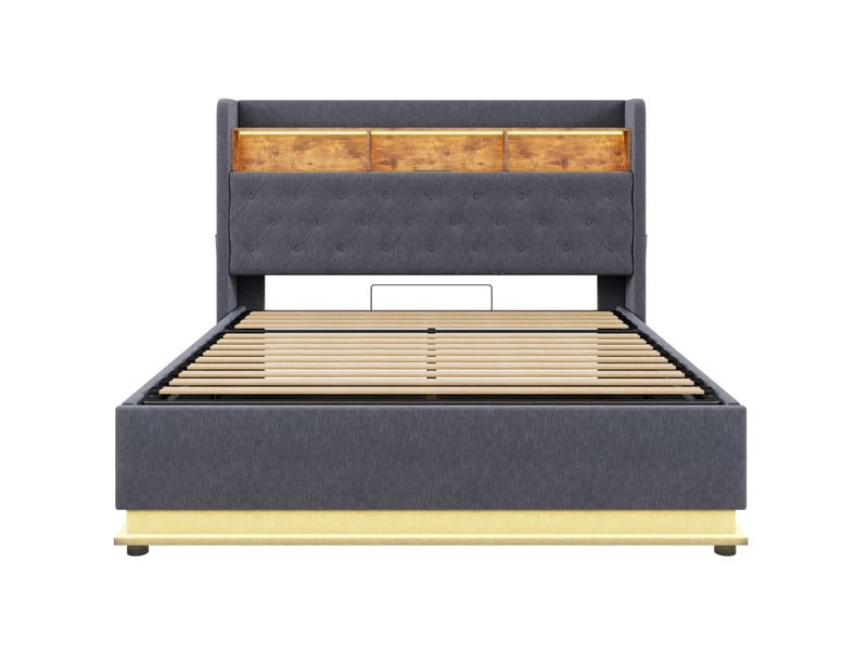  Lit 2 places rembourré 180x200 cm – gris – coffre hydraulique, led multicolores et port usb – sans matelas  - Conforama D