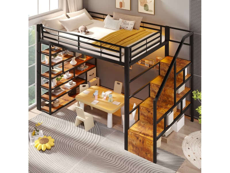  Lit mezzanine enfant 140x200 cm avec rangements et led noir  - Conforama E