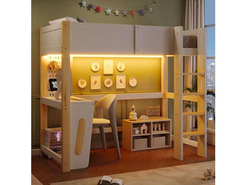  Lit mezzanine 90x200 cm, avec bureau et panneau perforé, led, en bois, naturel et blanc, sans matelas  - Conforama B