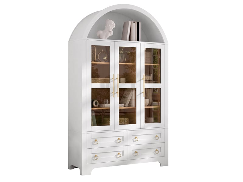 Buffet haut 110x40x185 cm avec 3 portes vitrées, 4 tiroirs et niche ouverte arrondie, meuble rangement salon mdf - blanc - Conforama A
