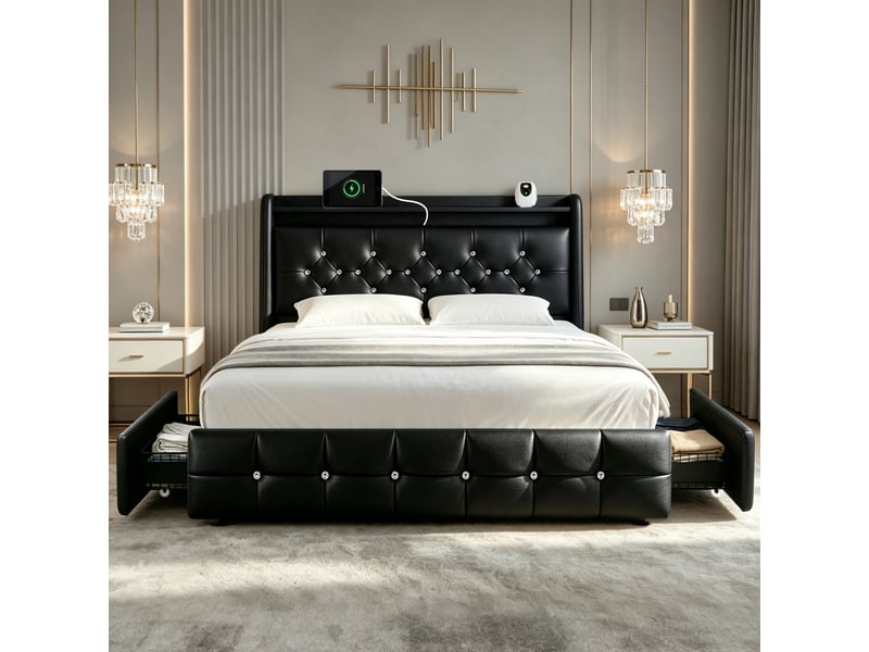  Lit 160x200 cm noir avec 4 tiroirs rangement, led, ports usb+type-c sans matelas EBD859Q-BK - Conforama C