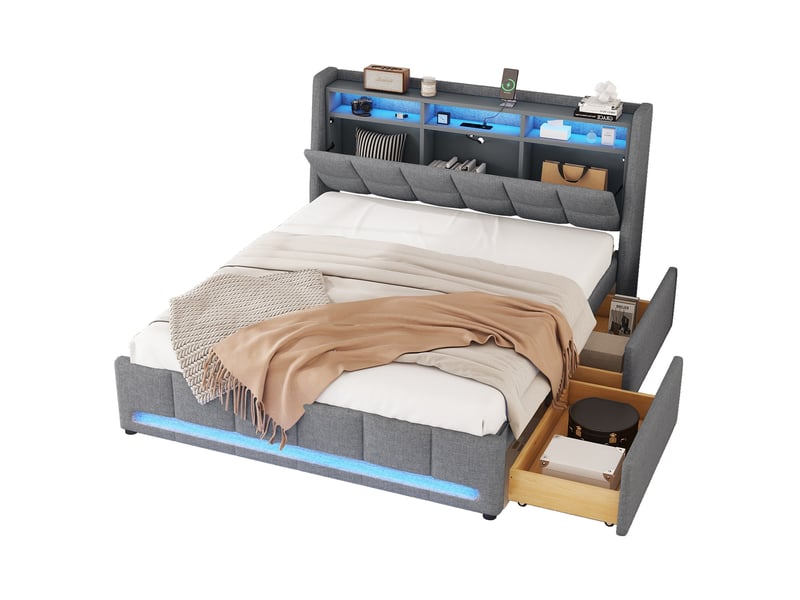Lit adulte 140 x 200 cm, cadre de lit avec rangement, 2 tiroirs, éclairage led, connectique usb, tête de lit, 2 places, lin, gris Morn Vibe - Conforama A