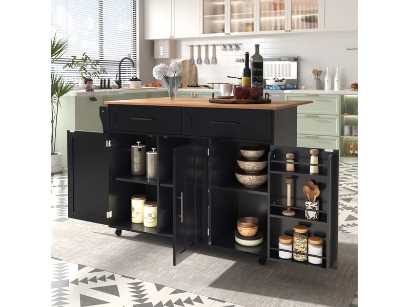  Desserte de cuisine 129 x 46 cm extensible, 2 tiroirs, roulettes, noir et bois  - Conforama D