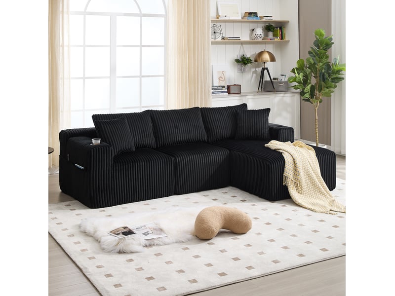  Canapé modulaire ulevr 3 places avec méridienne, velours côtelé noir, poches latérales et porte-gobelets, 257 x 160 cm  - Conforama D