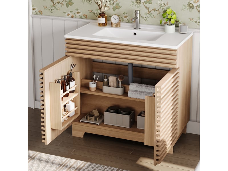  Meuble sous-vasque 91x46x80 cm – naturel – vasque céramique intégrée, portes soft-close et rangements  - Conforama B