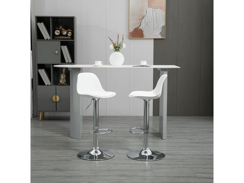  Lot 2 tabourets cuisine design pivotants, dossier, repose-pieds, réglables, similicuirpolypropylène, acier, 38x42x82-104 cm, blanc.  - Conforama D