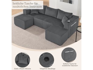 Canapé d'angle, canapé modulable, 3 places, en velours tricoté, gris, porte-gobelets, poches latérales