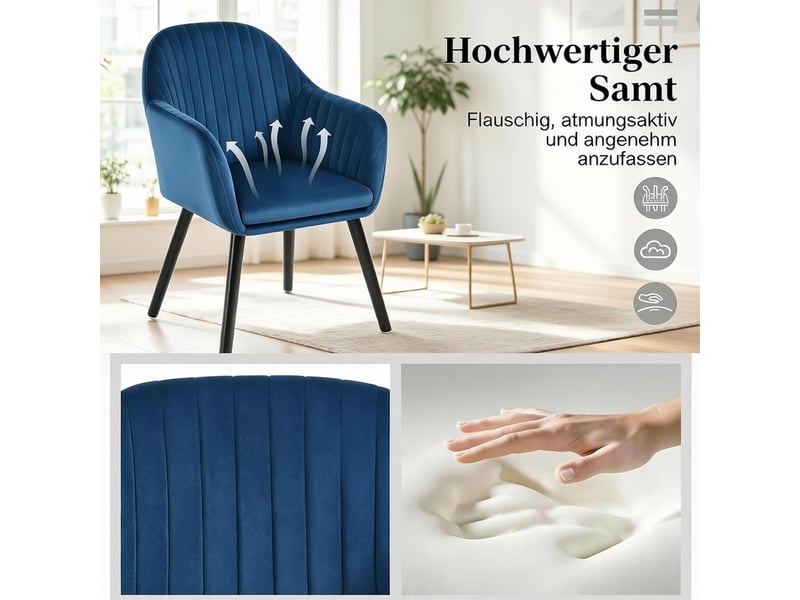  Chaise de salle à manger lot de 2 avec accoudoirs  - dossier courbé, pieds en bois massif, velours bleu et noir  - Conforama E