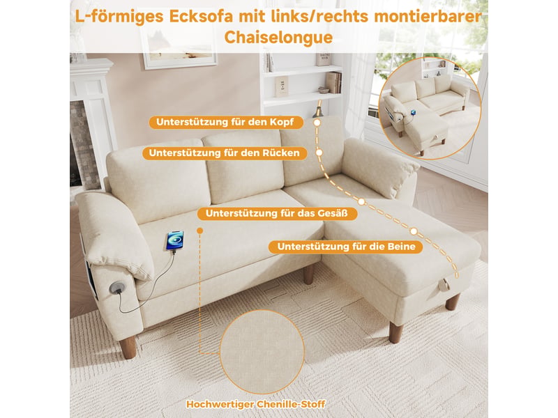  Canapé d'angle réversible 3 places avec coffre, tissu chenille beige, ports usbtype-c  - Conforama B