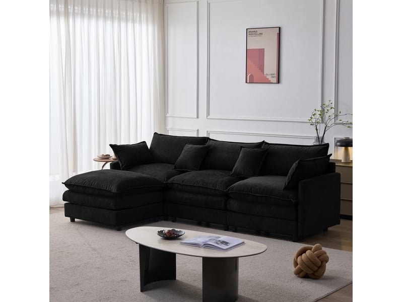  Canapé d'angle fixe 3 places en tissu noir avec chaise longue et pouf modulable, idéal pour le salon familial  - Conforama E