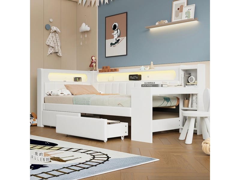 Lit de jour 90x200 avec bureau intégré et 2 tiroirs capitonné blanc  - Conforama D