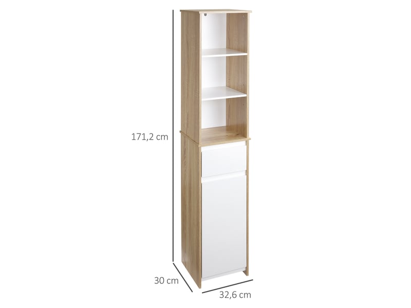  Armoire de salle de bain haute, colonne de salle de bain avec 1 porte, tiroir et 3 étagères, étagère réglable pour cuisine et salon, 32,6x30x171,2cm  - Conforama E