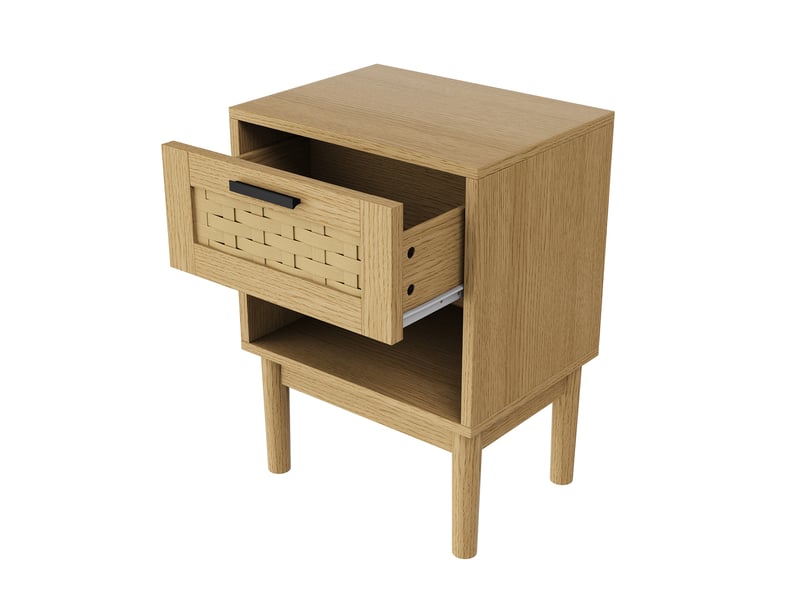  Lot de 2 tables de chevet en effet chêne et cannage - 40x30x55 cm - 1 tiroir et 1 niche ouverte - style bohème et naturel  - Conforama A