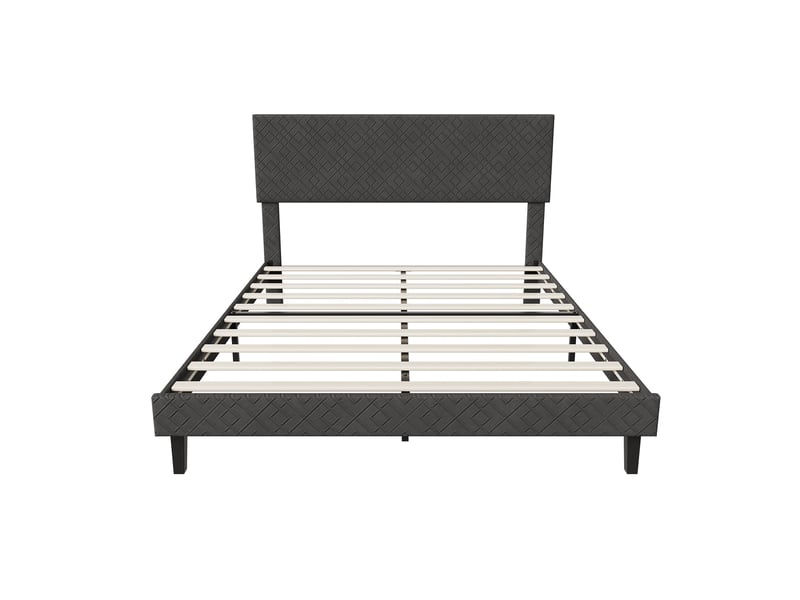  Lit adulte 160x200 cm, lit double avec sommier à lattes, revêtement en lin, tête de lit rayée, design nordique, gris  - Conforama R