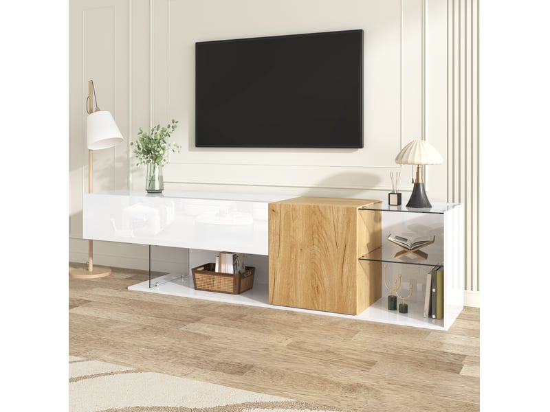  Meuble tv 180 x 38 x 48 cm – blanc et bois naturel – rangement avec portes et étagères en verre  - Conforama E