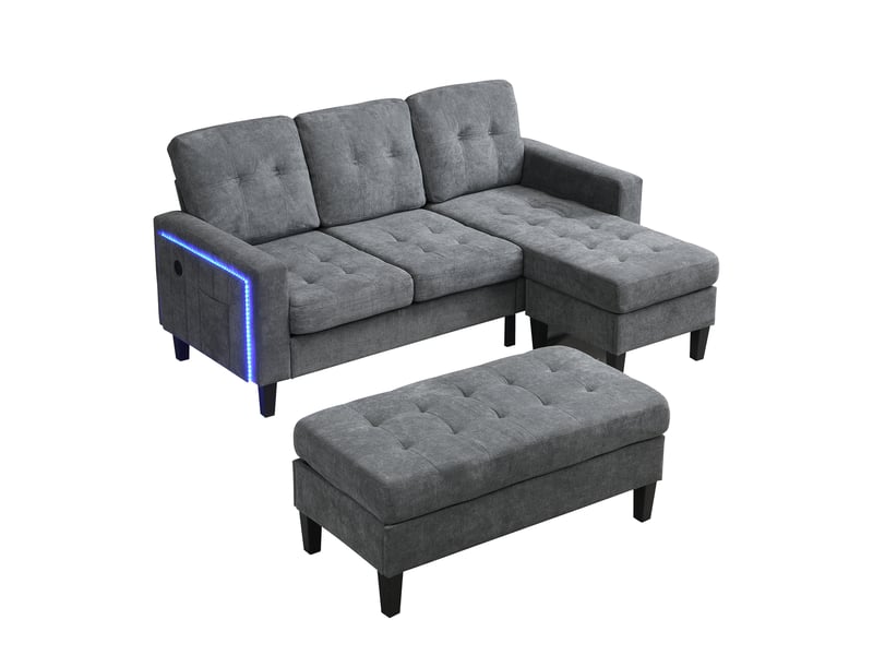 Canapé d’angle modulable 3 places 185x135x85 cm avec méridienne, pouf coffre mobile, éclairage led, canapé convertible port usb et rangement - gris - Conforama A