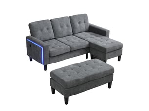 Canapé d’angle modulable 3 places 185x135x85 cm avec méridienne, pouf coffre mobile, éclairage led, canapé convertible port usb et rangement - gris
