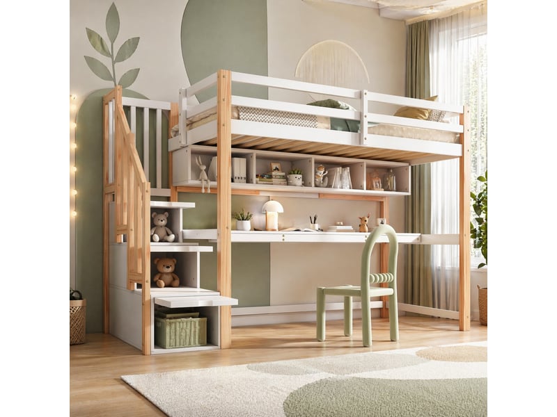  Lit mezzanine enfant 90x200 cm avec bureau, étagères et escalier, blanc et chêne  - Conforama B