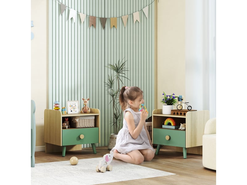  Lot de 2 tables de chevet enfant, tables de nuit enfant avec tiroir et niche, pour chambre d'enfant, 40x32,5x40cm, vert  - Conforama A