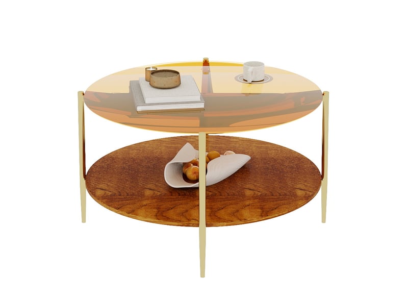 Table basse ronde 82 cm en verre trempé doré et bois - Conforama R