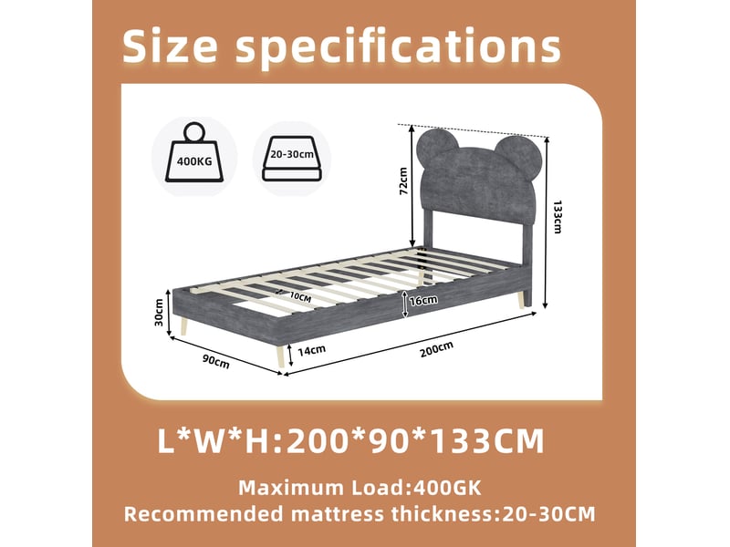  Modenvie lit coffre enfant 90x200 cm - tête de lit rembourrée forme cartoon, sans matelas - gris  - Conforama C