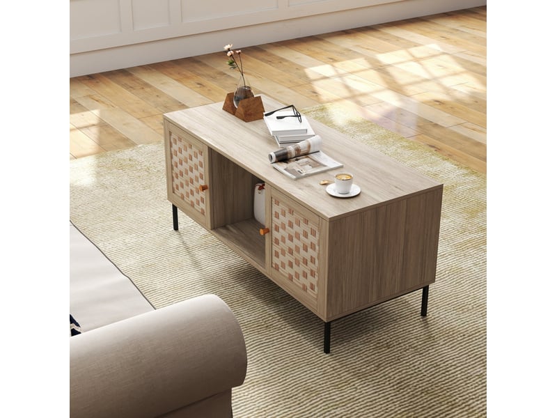  Table basse 106x50x47.5 cm avec 2 portes coulissantes en métal et bois coloris bois clair, design naturel  - Conforama D