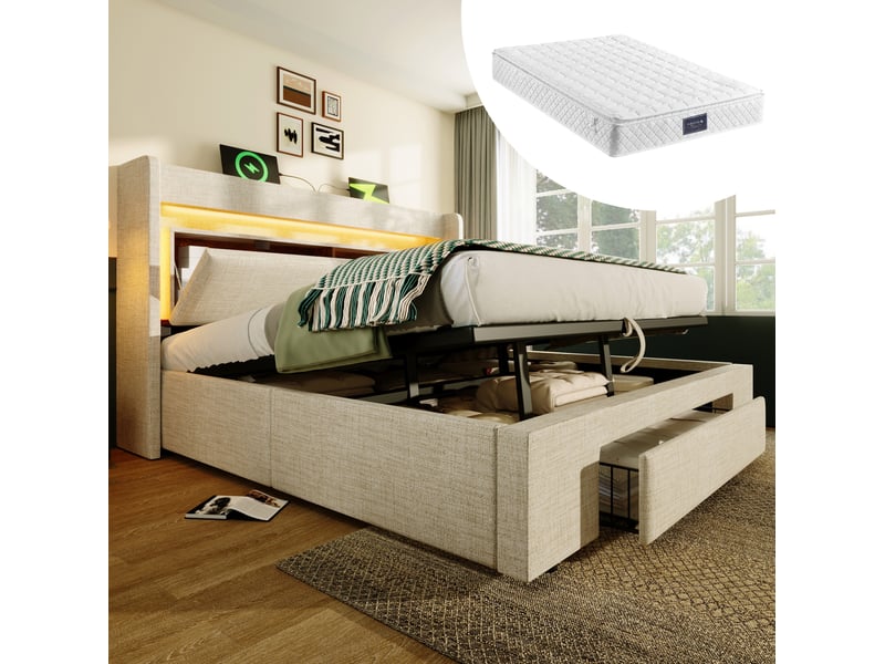  Lit coffre 140 × 200 cm 2 places avec led réglable, usb et usb-c, tiroir, matelas inclus, beige en lin  - Conforama B