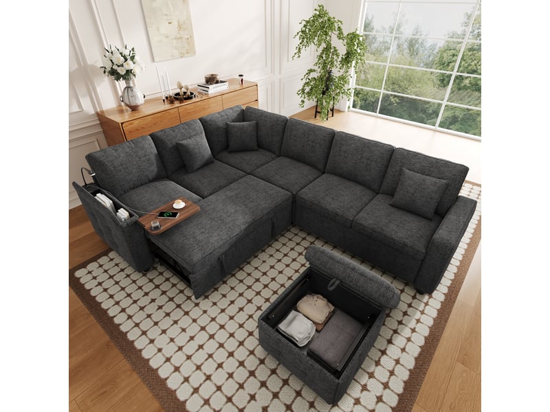  Canapé d'angle convertible 7 places en tissu chenille gris, canapé-lit avec fonction couchage, ports usb et espace de rangement  - Conforama B
