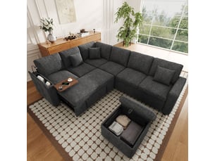 Canapé d'angle convertible 7 places en tissu chenille gris, canapé-lit avec fonction couchage, ports usb et espace de rangement