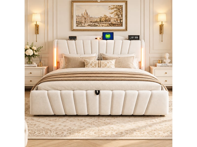  Lit coffre 180x200 cm, lit double confortable et raffiné, facile à assortir, grand coffre hydraulique, tête led, usbtype-c, veilleuse, velours beige  - Conforama B