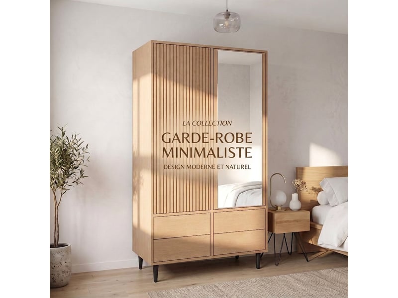 Armoire penderie 2 portes blanche et chêne 90x50x200 cm avec tiroirs - Conforama B