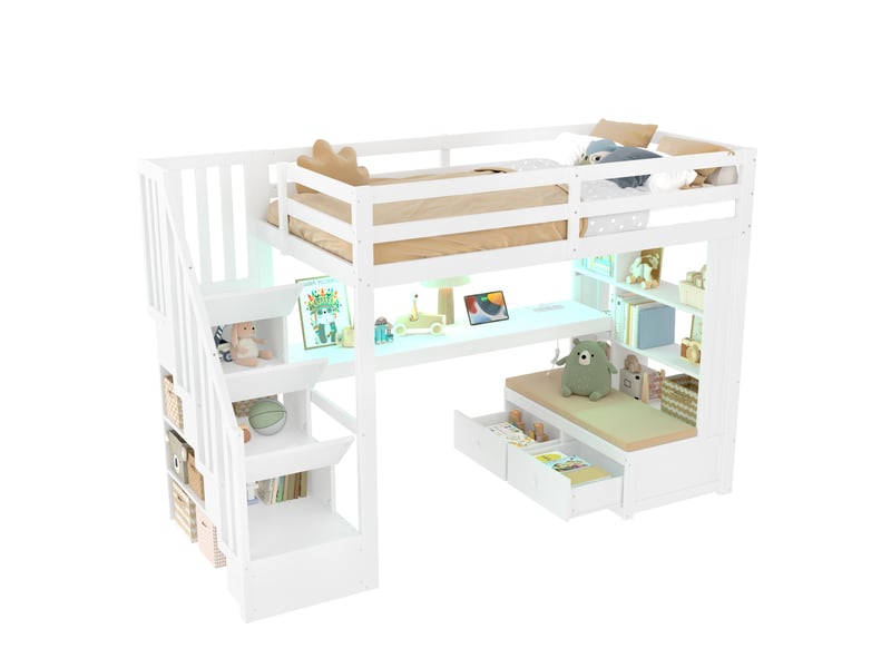  Lit mezzanine 90x200 cm avec bureau, étagères, tiroirs et escalier de rangement en mdf et bois blanc matelas non inclus  - Conforama A