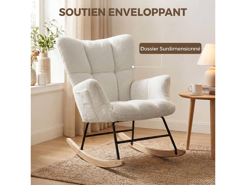  Fauteuil à bascule assise rembourrée tissu peluche crème 90 x 66 x 90 cm  - Conforama E