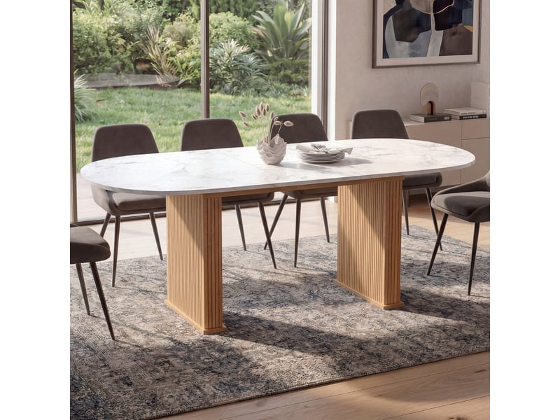 Table à manger extensible ovale juliette 6-10 personnes pieds effet lattes et plateau effet marbre alaska 160-200 cm  - Conforama B