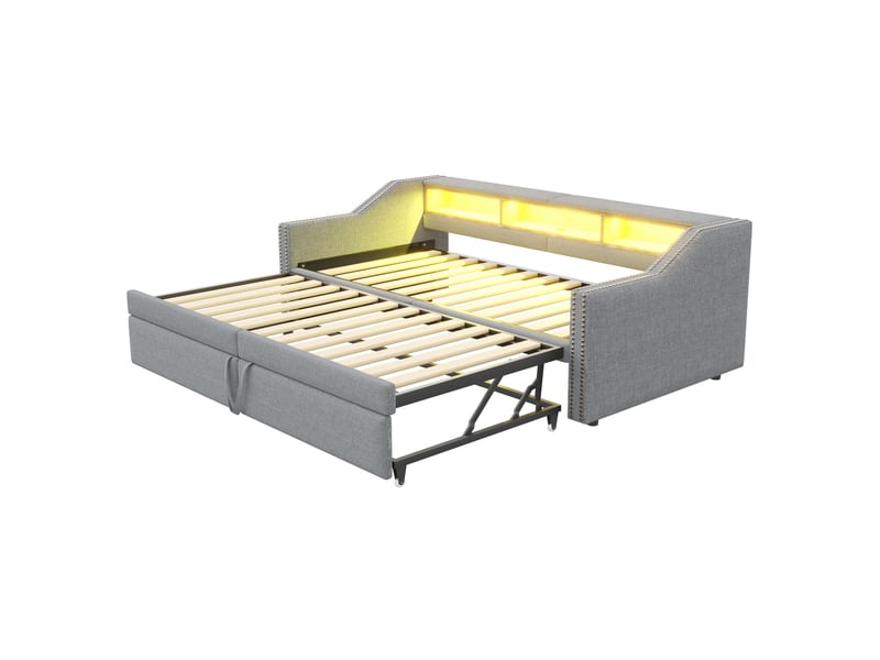  Lit banquette 90180x200 cm – gris clair – couchage gigogne extensible avec led, usb et rangements intégrés  - Conforama D