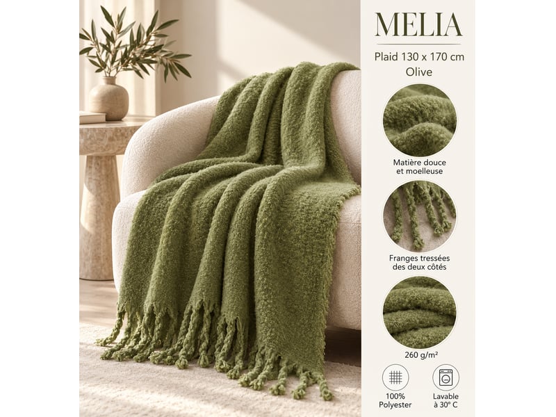  Plaid melia olive 130 x 170 cm tricot uni franges tressées 15699 - Conforama E