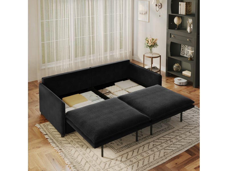  Canapé-lit 3 places 206x91x86 cm 3-en-1, convertir, tissu couleur noir, mousse et bois, design moderne  - Conforama E