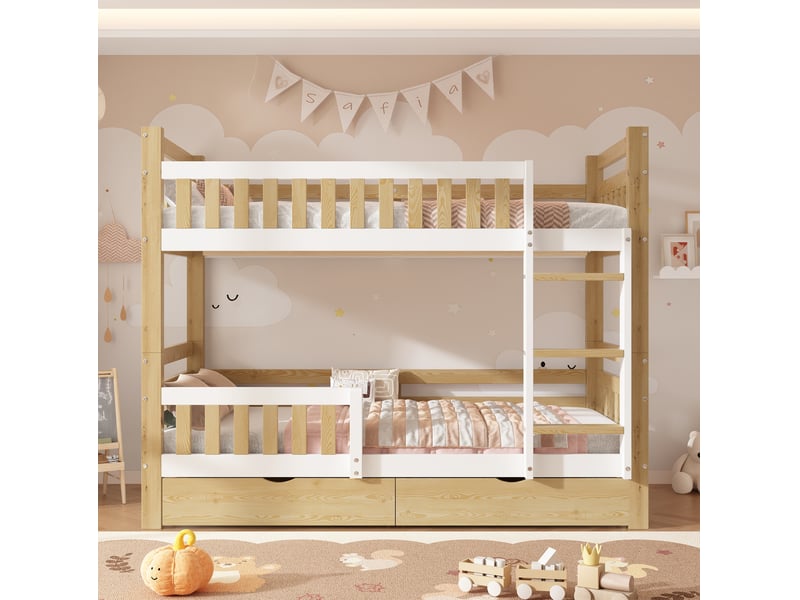  Lit superposé enfant 90x200 cm avec 2 tiroirs, transformable en 2 lits simples bois couleur blanc et naturel sans matelas  - Conforama B