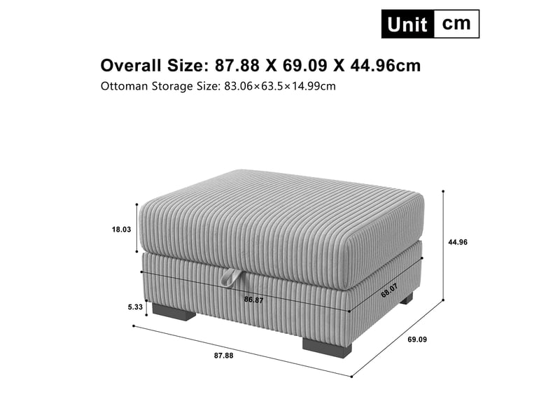  Pouf repose-pieds rectangulaire - 88x69x45cm - ottoman en velours côtelé avec coffre de rangement - gris  - Conforama E