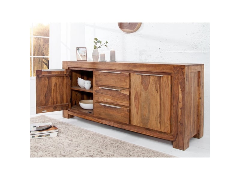  Buffet gradi 175 cm en bois massif de sheesham verni – 2 portes, 3 tiroirs et veinage naturel  - Conforama D