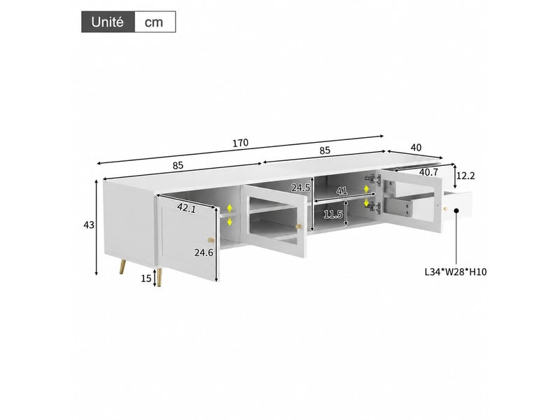 Meuble tv avec 2 tiroirs, 2 portes vitrées, 1 porte et étagères réglables pour salon, blanc, 170 × 40 × 43 cm  - Conforama D
