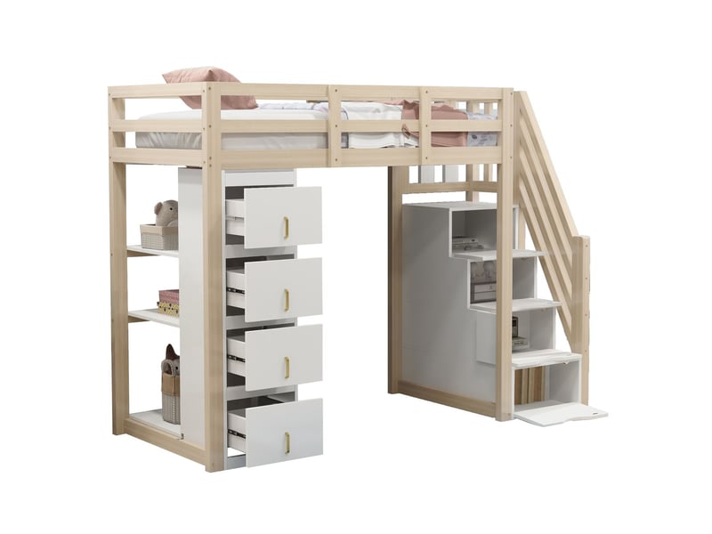  Lit mezzanine 90x200cm - avec tiroirs rangement - étagères à plusieurs niveaux - lit enfant - échelle sécurisée - sommier à lattes  - Conforama E